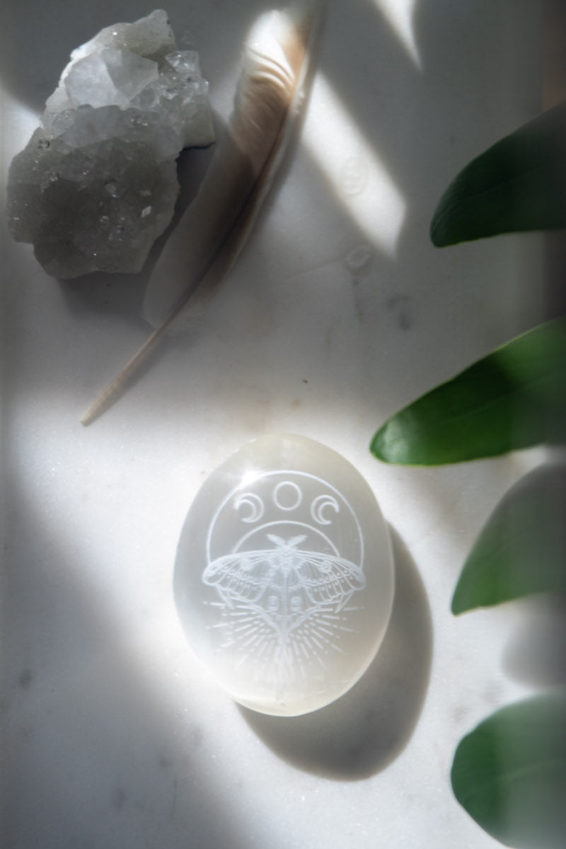 Selenite Palmstone - Luna Moth
