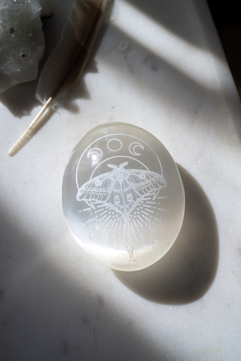 Selenite Palmstone - Luna Moth