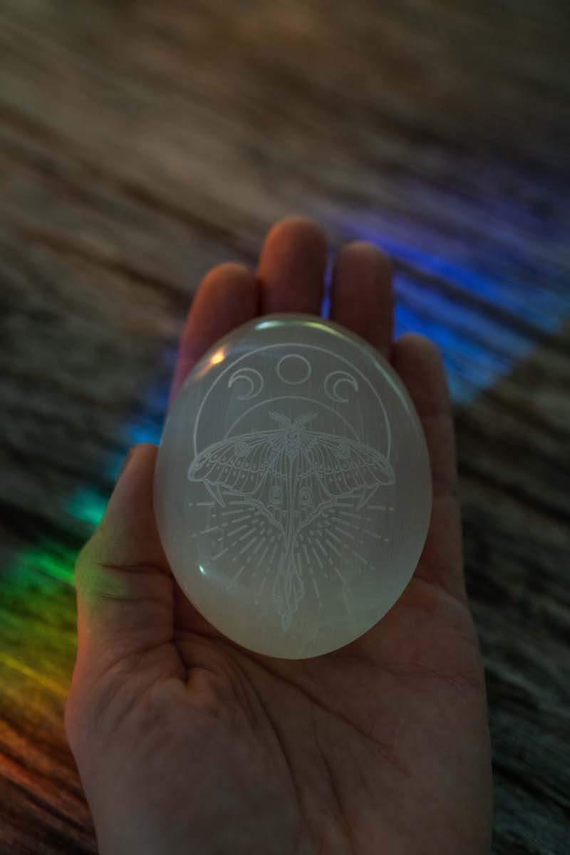 Selenite Palmstone - Luna Moth