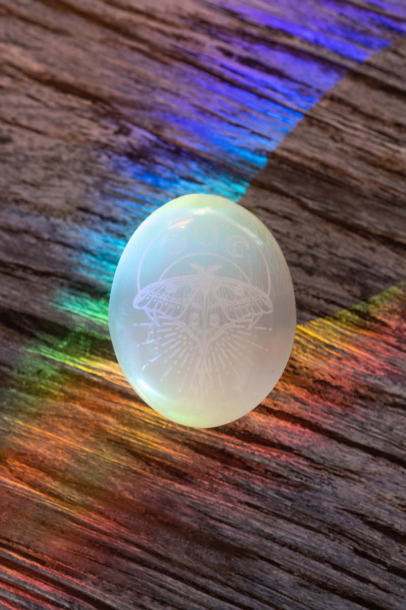 Selenite Palmstone - Luna Moth