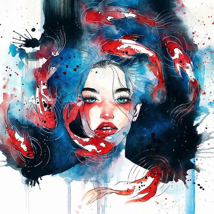 watercolor painting of woman with koi fish
